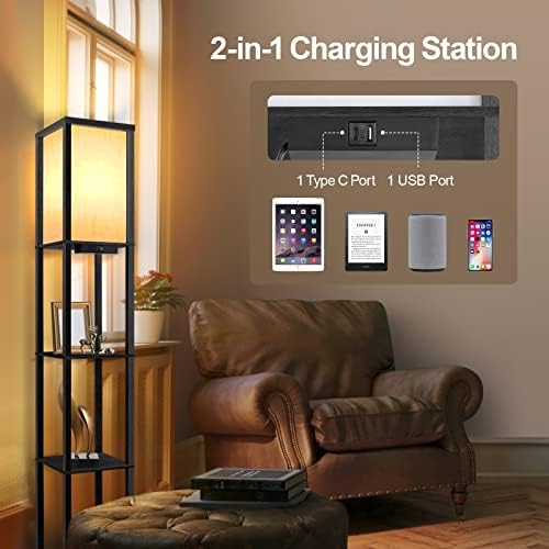 OUTON Floor Lamp Shelf with Remote Control, Dimmable & 4 Colour Temperature Adjustable, 1H Timer, LED Floor Lamp with 2 USB Ports, Floor Lamps with Lampshade for Living Room, Bedroom, Office(Black)