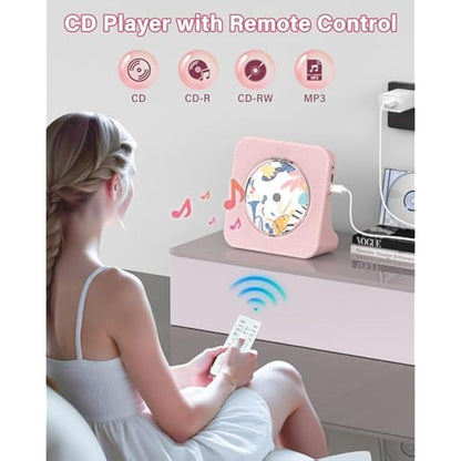 Greadio Portable CD Player with Bluetooth 5.0, Desktop CD Players for Home, CD Music Player with Speakers, Remote Control, Dust Cover, FM Radio, LCD Display, AUX, USB, Headphone Jack, Pink