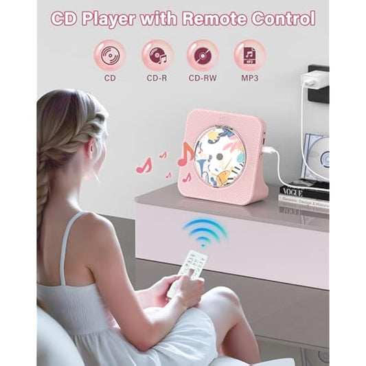 Greadio Portable CD Player with Bluetooth 5.0, Desktop CD Players for Home, CD Music Player with Speakers, Remote Control, Dust Cover, FM Radio, LCD Display, AUX, USB, Headphone Jack, Pink