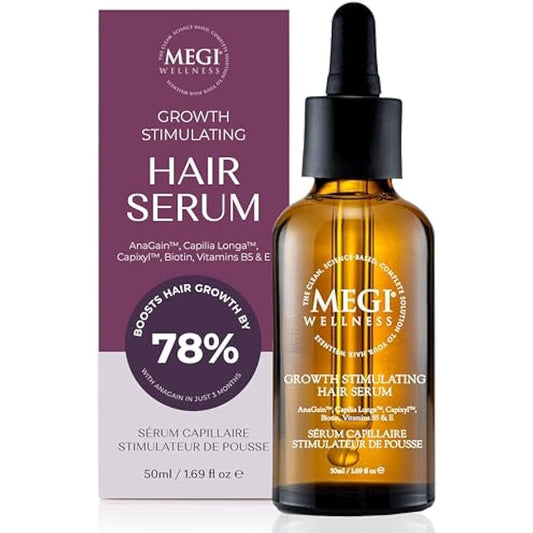 MEGI WELLNESS Stimulating Hair Growth Serum – Natural Minoxidil Alternative with Caffeine, Biotin, AnaGain™, Capilia Longa™ – Clinically Tested Solution for Thinning Hair - Men & Women (50ml)