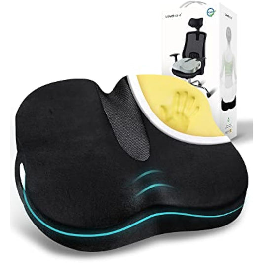 Travel Ease Ergonomic Seat Cushion, Premium Memory Foam Chair Pad with Anti-Slip Base for Long Hours Sitting Comfort, Hip Support Pillow for Office Chair, Car Seat, Gaming Chair (Black)