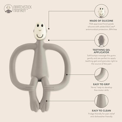 Matchstick Monkey, Original Teether & Gel Applicator, Antimicrobial Silicone Teething Toys for Baby, Easy to Grip, BPA Free, 3 Months Old+, 10.5 cm, Grey Monkey