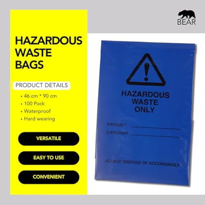Hazardous Waste Bags - Blue - Pollution Control, Dangerous Waste Disposal, Clear and Easy to Identify, Hard Wearing, Domestic & Commercial Use, High Strength, Quality Sack (100)