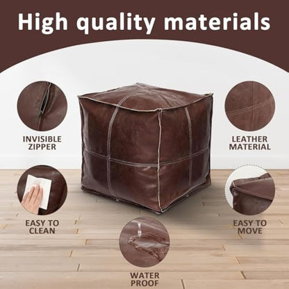 Louis Donne Unstuffed Square Faux Leather PU Pouf, Supersoft Handmade Ottoman Faux Moroccan Decor, Storage Solution, Foot Rest, Footstool, Pouffe Seat for Balcony Office Indoor, Brown-45"x45"x45"…