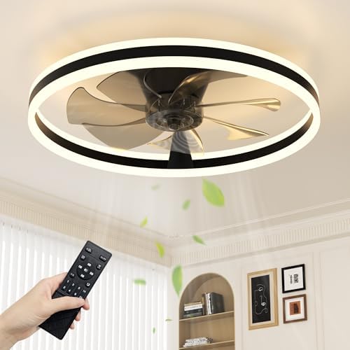 NIORSUN Ceiling Fans with Lights and Remote, 60cm Modern Smart LED Ceiling Fan Light, 6 Speeds and 3000K-6500K Dimmable Quiet Fan Lights Ceiling for Bedroom Living Room Dining Room (Black)