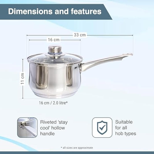 Buckingham Deep Saucepan with Tempered Glass Lid Premium Stainless Steel Cooking Pot Suitable all Heat Source Including Induction 16 Cm 2 Litres by Buckingham