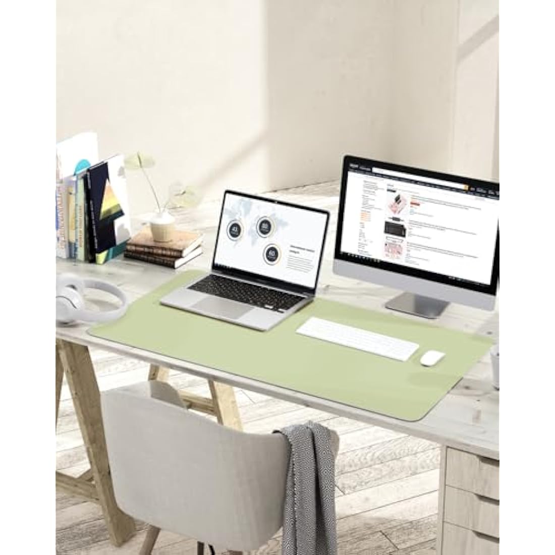 YSAGi Non-Slip Desk Pad, Waterproof PVC Leather Desk Table Protector, Ultra Thin Large Mouse Pad, Easy Clean Laptop Desk Writing Mat for Office Work/Home/Decor (90 x 43 cm, Matcha Green)