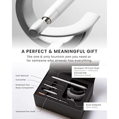 novium Hoverpen Future Edition - Fountain Pen & Rollerball Pen All-In Gift Box, Fine Nib, Futuristic Aesthetic, Luxury Metal Made Desk Pen, Free Spinning Executive Pen, Birthday Gifts (Frost Silver)