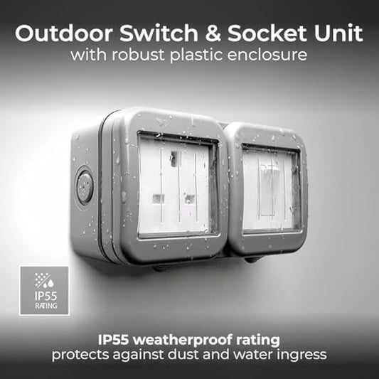 BG Electrical Outdoor Single Unswitched Power Wall Plug Socket and Single Wall Switch Combo, Weatherproof, 13A, IP55 Rated, WPB21