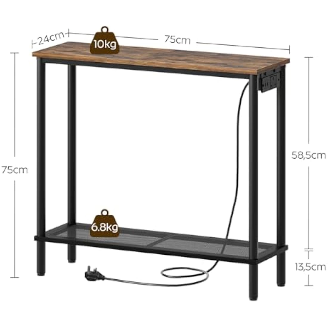 YATINEY Slim Console Table, Hallway Table with Power Outlet, 2-Tier Entryway Table with Storage Shelf, Behind Sofa Table for Living Room, Entryway, Rustic Brown and Black XCT02KBR