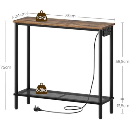 YATINEY Slim Console Table, Hallway Table with Power Outlet, 2-Tier Entryway Table with Storage Shelf, Behind Sofa Table for Living Room, Entryway, Rustic Brown and Black XCT02KBR