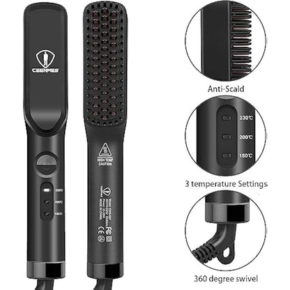 Ceenwes 3 in 1 Professional Beard Straightener with Beard Oil & Balm, Portable Hair Straightener Brush for Men & Women