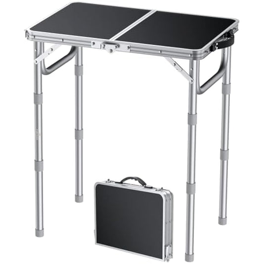 FUNYKICH 2ft Small Folding Camping Table, 3 Height Adjustable Portable Picnic Table, Lightweight Aluminum Outdoor Tables with Carry Handle for Camping, Picnic, BBQ, 58x40cm(L22.8 xW15.7), Silver