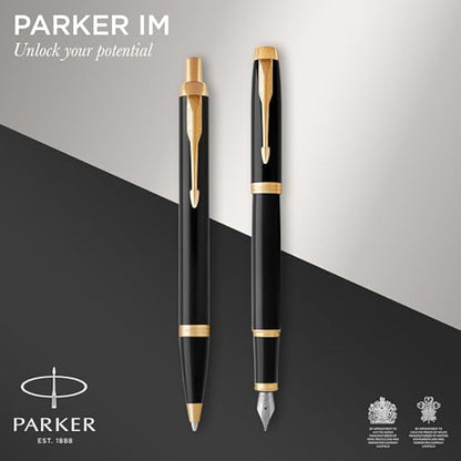Parker IM Duo Gift Set with Ballpoint Pen & Fountain Pen | Gloss Black with Gold Trim | Blue Ink Refill & Cartridge | Gift Box
