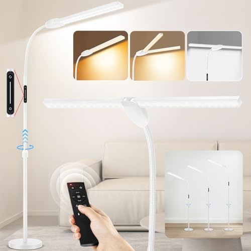 OUTON LED Floor Lamp with Double Head, 18W 1800LM, Super Wide & Bright, Height Adjustable, Remote & Touch Control, Memory Function, Dimmable Standing Lamp for Reading, Working, Sewing, Drawing, White