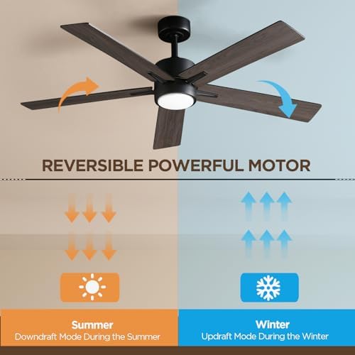 Vagizm Ceiling Fan with Light for Bedroom: 52 inch Silent Ceiling Fans with dimmable Light - Remote Control - Reversible DC Motor - Black - 5 Blades - Suitable for Living Room Indoor Outdoor