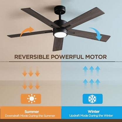Vagizm Ceiling Fan with Light for Bedroom: 52 inch Silent Ceiling Fans with dimmable Light - Remote Control - Reversible DC Motor - Black - 5 Blades - Suitable for Living Room Indoor Outdoor