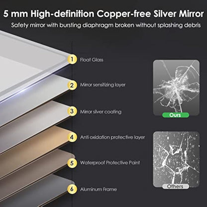Potuem Bathroom Mirror with LED Lights, 500 * 700 MM Illuminated Backlit Wall Mounted Vanity Mirror with 3 Lights, Anti-Fog, Dimmable, IP54, Horizontal/Vertical