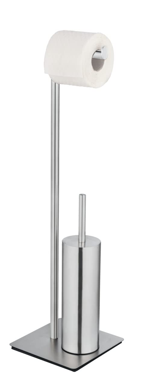 WENKO Recco Free-Standing Toilet Brush Set, WC Brush and Toilet Roll Holder, Satin-Finish Stainless Steel, Closed Toilet Brush Holder, Silver, 20 x