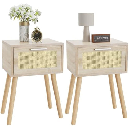 YMYNY Nightstand Set of 2, End Table, Small Bedside Table, Handmade Rattan Decorated Drawer, Solid Wood Legs, 35×27×53cm, Modern Side Table for Bedroom, Living Room, Natural HST010N-2