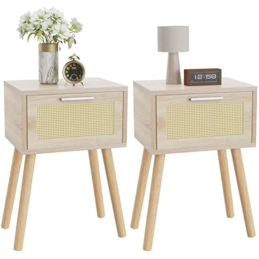 YMYNY Nightstand Set of 2, End Table, Small Bedside Table, Handmade Rattan Decorated Drawer, Solid Wood Legs, 35×27×53cm, Modern Side Table for Bedroom, Living Room, Natural HST010N-2