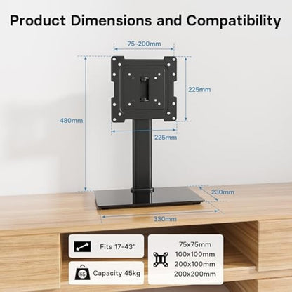BONTEC Universal Swivel TV Stand for 17-43 inch Screens, Height Adjustable Table Top Pedestal TV Stand for LCD/LED/OLED/Plasma/Curved TVs up to 45kg, 2 Cable Ties Included