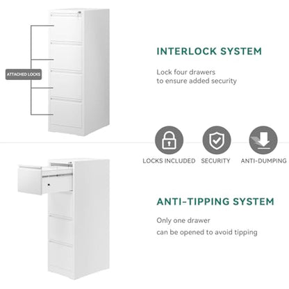 YITAHOME Filing Cabinet with 4 Lockable Drawers, Anti-tipping Rolling Filing Cabinet with Wheel for Home Office, Under Desk File Storage Cabinets for Letter/Legal/A4 Size, White, 62 x 45 x 133cm