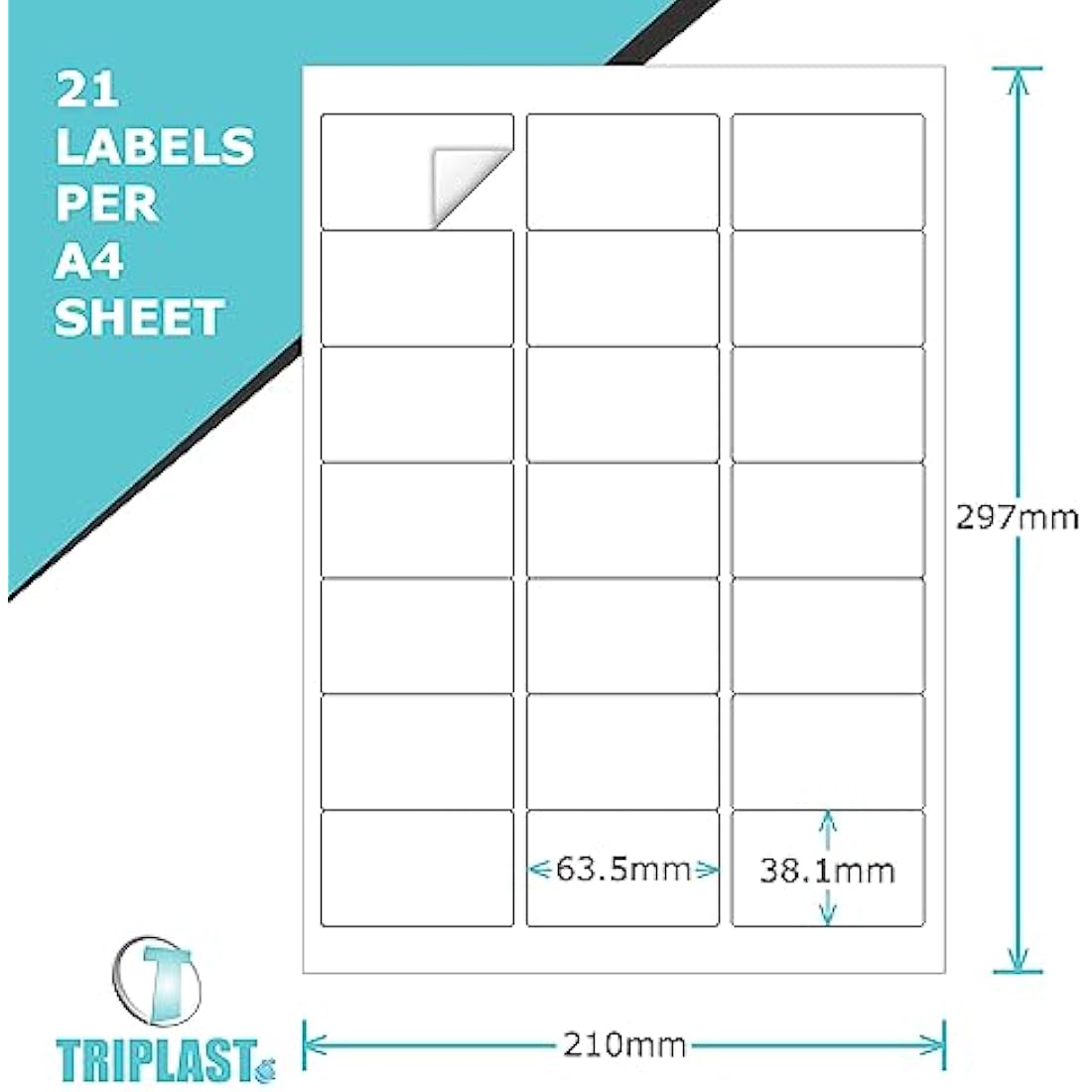 Triplast 50 x Multipurpose A4 Label Sheets - 21 Labels Per Sheet (64 x 38mm Each) - Easy Peel White Labels for Inkjet & Laser Printer - Address Labels, Shipping Labels, File Labels, DIY Stickers