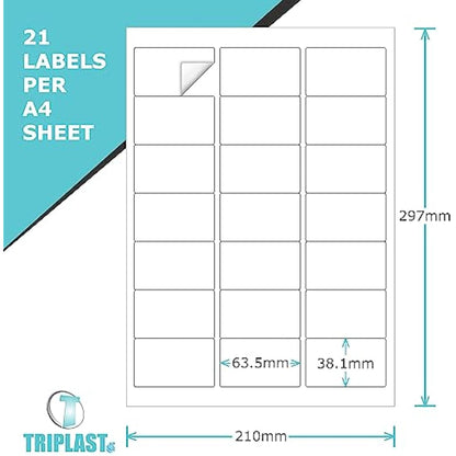 Triplast 100 x Multipurpose A4 Label Sheets - 21 Labels Per Sheet (64 x 38mm Each) - Easy Peel White Labels for Inkjet & Laser Printer - Address Labels, Shipping Labels, File Labels, DIY Stickers