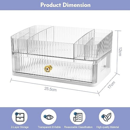 OKUYAN Clear 2-Tier Makeup Organiser Tray - Desk and Dressing Table Organizer for Skincare and Cosmetics - Acrylic Storage Box With Drawers for Vanity and Bathroom