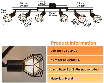 Wall Spotlight Fitting, Retro Rotatable Ceiling Spotlight, Black Metal Iron Lampshade Ceiling Light, Adjustable Wall Lamp for 6 E14 Bulb, Suitable for Living Room Bedroom Kitchen Loft Hallway