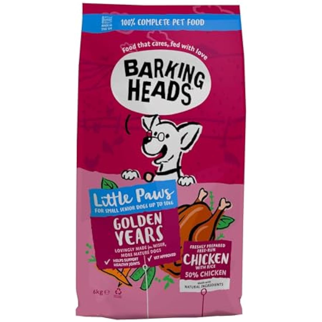 Barking Heads Complete Dry Dog Food 6kg - Senior Little Paws (Small Breed) Golden Years Chicken - Natural Senior Recipe with Joint Support - Vet Approved