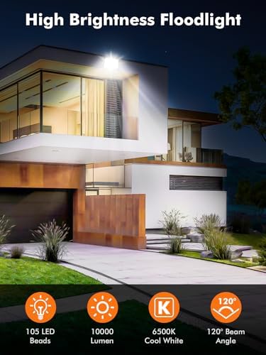 Floodlight Outdoor 2 Pack, 100W 10000LM LED Flood Lights, 6500K Cold White Outside Light, IP66 Waterproof Security Light for Yard, Garden, Garage, Patio, Warehouse