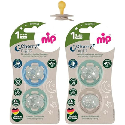 nip Round Shape soothers 0-6, Pack of 4 Black & White, from Birth, Glow in The Dark, Made in Germany