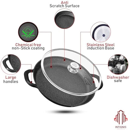 Paella Pan | Glass Lid |Non-Stick | Anti Scratch | Removable Silicone Handles | Ceramic Coating Chemical Free | Induction & Oven Safe | Heavy-Duty | Stainless-Steel Base (Black, 36 CM)