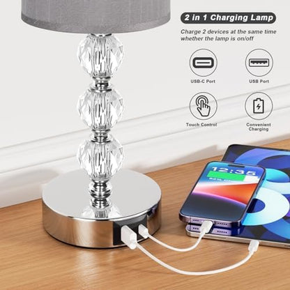 Aooshine Touch Table Lamp, Crystal Grey Bedside Lamps with 3 Way Dimmable, Small Bedside Lamp with USB C+A Charging Ports, Bedroom Lamps with Grey Fabric Shade for Living Room (LED Bulb Included)