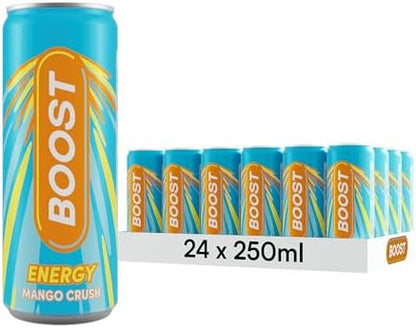 Boost Energy Drink Mango Flavour - 24 Pack Drinks with Caffeine, Taurine and Vitamin B | Carbonated Energy Drinks | Gluten Free Vegan Low Calorie Fizzy Drinks Multipack | 24x250ml