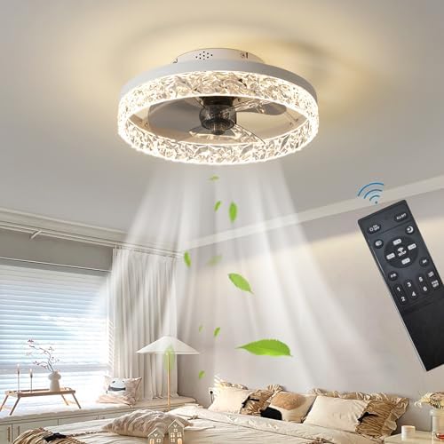 Exlafi Quiet Modern Ceiling Fans with Lights and Remote Control, LED Dimmable Fan Lamps for Bedroom and Living Room, Reversible with 6 Speeds (White, 40CM)