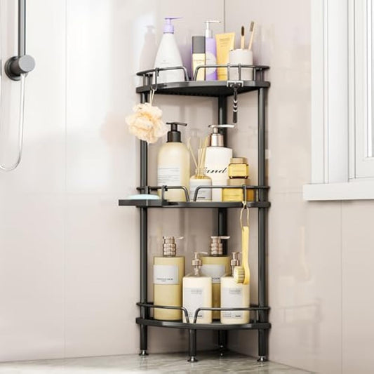 SWTYMIKI Corner Shower Caddy - 3 tier Bathroom Corner Shelf Shower Organizer Corner with 4 Hooks, Rust Free Standing Shower Caddy with Soap Holder,Shower Rack for Inside Bathroom,Shower storage,Black