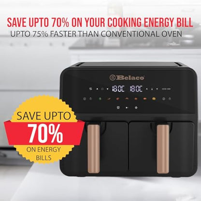 Belaco Air Fryer, 9L Dual Zone, Digital Display, Rapid Air Circulation, Air Fryers, 60 Min Timer, Adjustable Temperature, Dishwasher Safe Basket BEL-AF-03 Smart Finish
