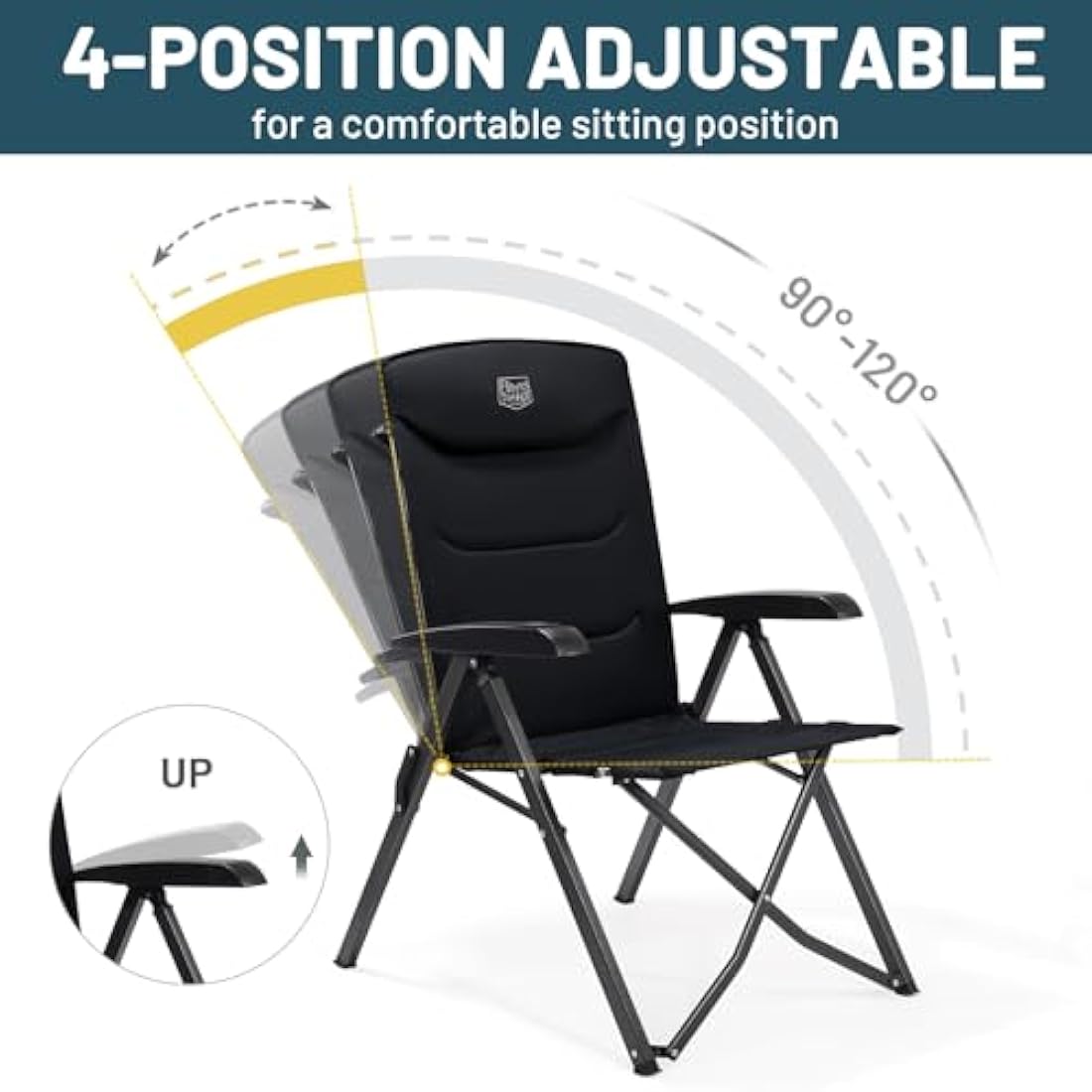 TIMBER RIDGE Folding Camping Chairs 2 Set for Adults Adjustable Heavy Duty Outdoor Chair 4-Position, High Back Oversized Garden Chair Recliner Luxury for Dining Beach Picnic, Support 150kg, Black