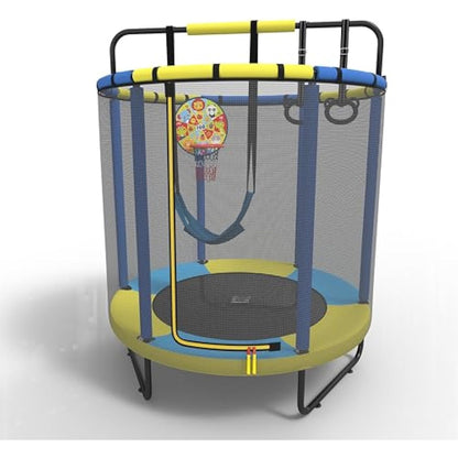 PILIN Children's Trampoline, Indoor/Outdoor Trampoline with Swings, Gymnastics Poles, Hoops, Basketball Hoop/Dart Board, 145x170 cm, Load Capacity 50kg