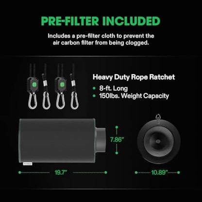 VIVOSUN 8 Inch Air Carbon Filter Smelliness Control with Australia Virgin Charcoal for Inline Fan, Grow Tent Smelliness Scrubber, Pre-Filter Included, Reversible Flange 8" x 20", Black