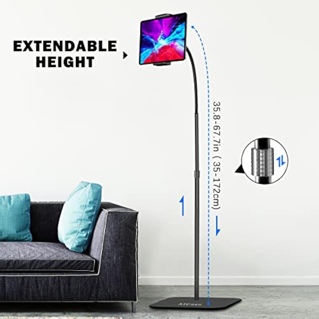 AICase Aluminium Adjustable Height Adjustable (91 cm - 137 cm) & 2.2 kg Stable Base with Gooseneck Compatible with iPad/Tablet from 4.6-13 Inches/Mobile Phone Holder Holder Floor Stand
