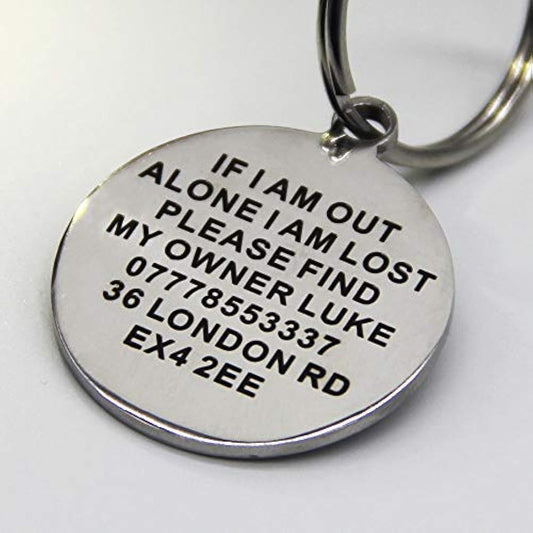 Personalised Engraved Dog Tag ID Name Tags for Cat Puppy Pet Collar Tag Hand Finished in UK (Silver(Round), L)