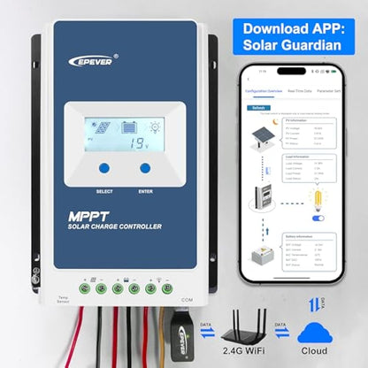 EPEVER MPPT Solar Charge Controller 40A 12V 24V Auto Max PV 100V with WiFi Adapter APP Remote Control Solar Panels Regulator for Lead-Acid and LiFePO4 type