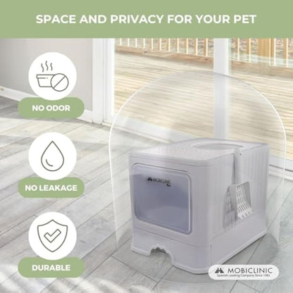 Mobiclinic® Pets, Covered Cat Litter Box, Removable Drawer, Includes Scoop, CatBox, Dual Front and Top Entry with Lid, Top Grid, Elegant Aesthetic, Detachable Structure