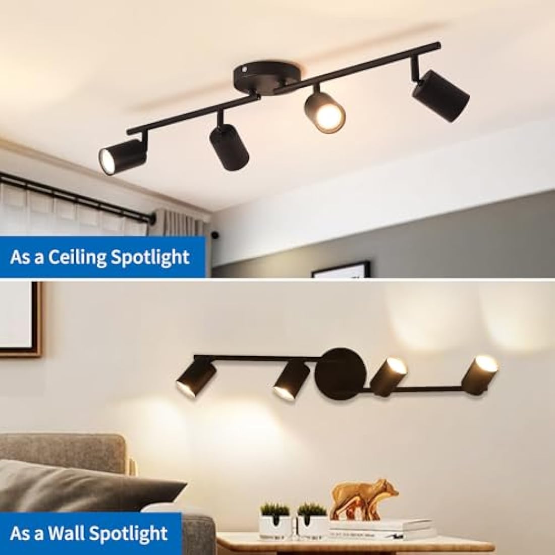 ANWIO 4 Black GU10 Spotlight Ceiling Lights,Bedroom Kitchen Lights Ceiling,GU10 Industrial Hallway Ceilings Light Fitting,Spot Light Bar Indoor Adjustable Light Ceilings Spot Lamp(EUS-EA190811-10)