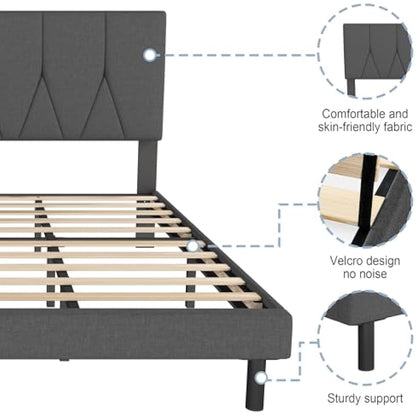 Yocreat Double Bed Frame, Dark Grey, Upholstered Wooden Slat Bed Frame with Headboard, Easy Assembly, Underbed Storage, No Box Spring Needed 135×190