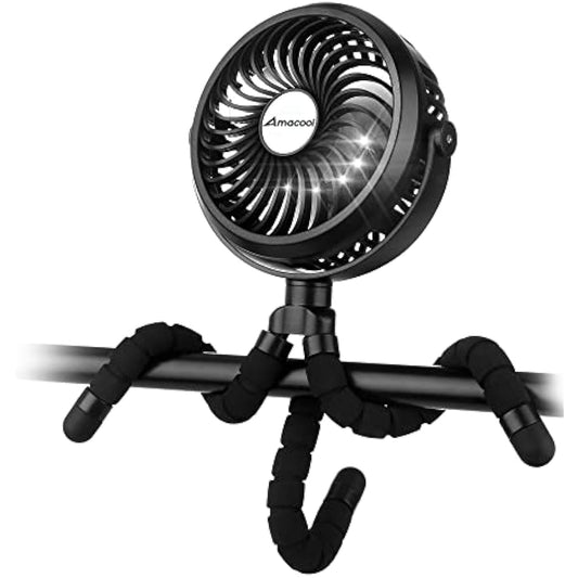 Amacool Battery Operated Stroller Fan Flexible Tripod Clip On Fan with 3 Speeds and Rotatable Handheld Personal Fan for Car Seat Crib Bike Treadmill(Black)